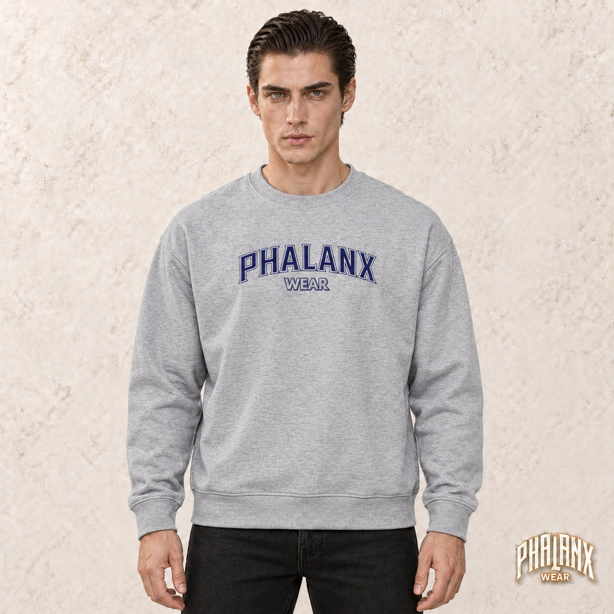 Phalanx locker geschnittener Unisex-Pullover mit Rundhalsausschnitt – Athletisch Heather – Noah · vorne
