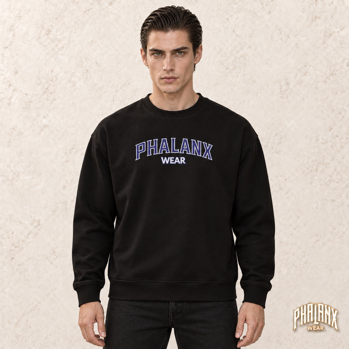 Phalanx locker geschnittener Unisex-Pullover mit Rundhalsausschnitt – Schwarz – Noah · vorne