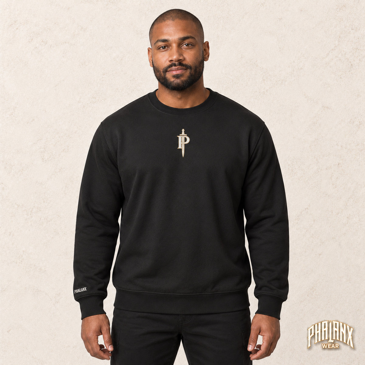 Phalanx Urbaner Unisex Sweatshirt – Schwarz – Malik · vorne