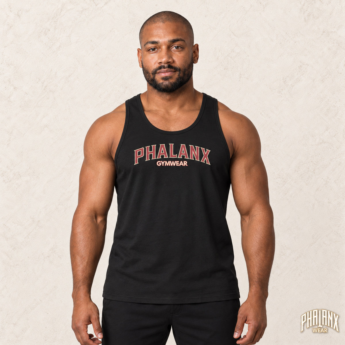 PHALANX GYMWEAR Drop-Arm Tank Top – Black – Malik · front