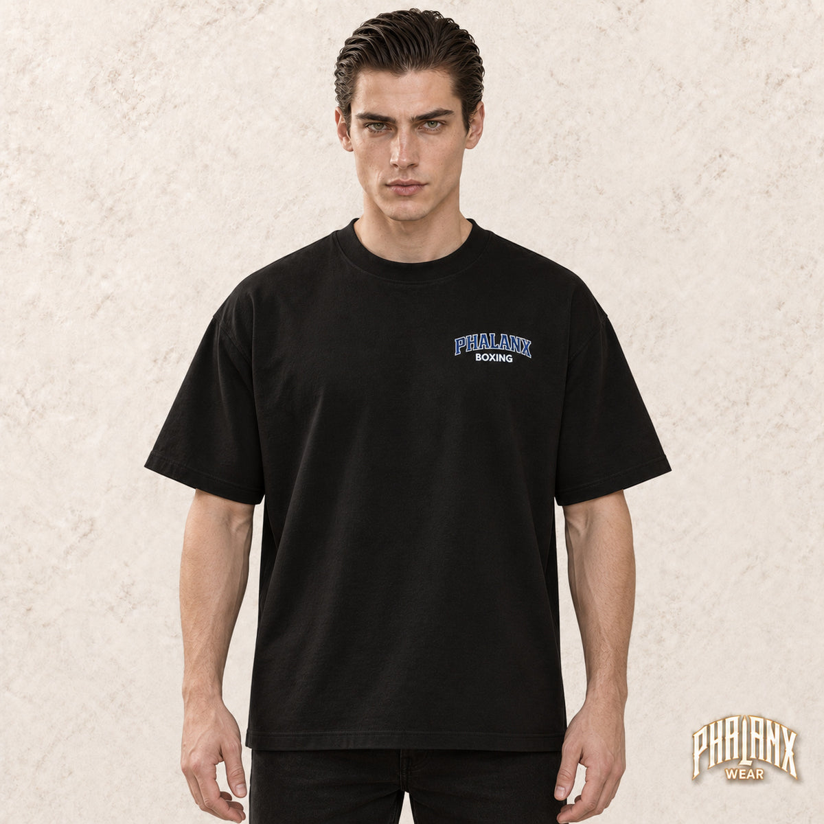 PHALANX Boxing – Oversized Organic Cotton T-Shirt with Wide Collar – Black – Noah · front