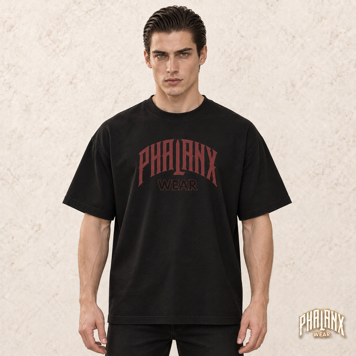 Phalanx Oversized Unisex Boxy T-Shirt – Schwarz – Noah · vorne