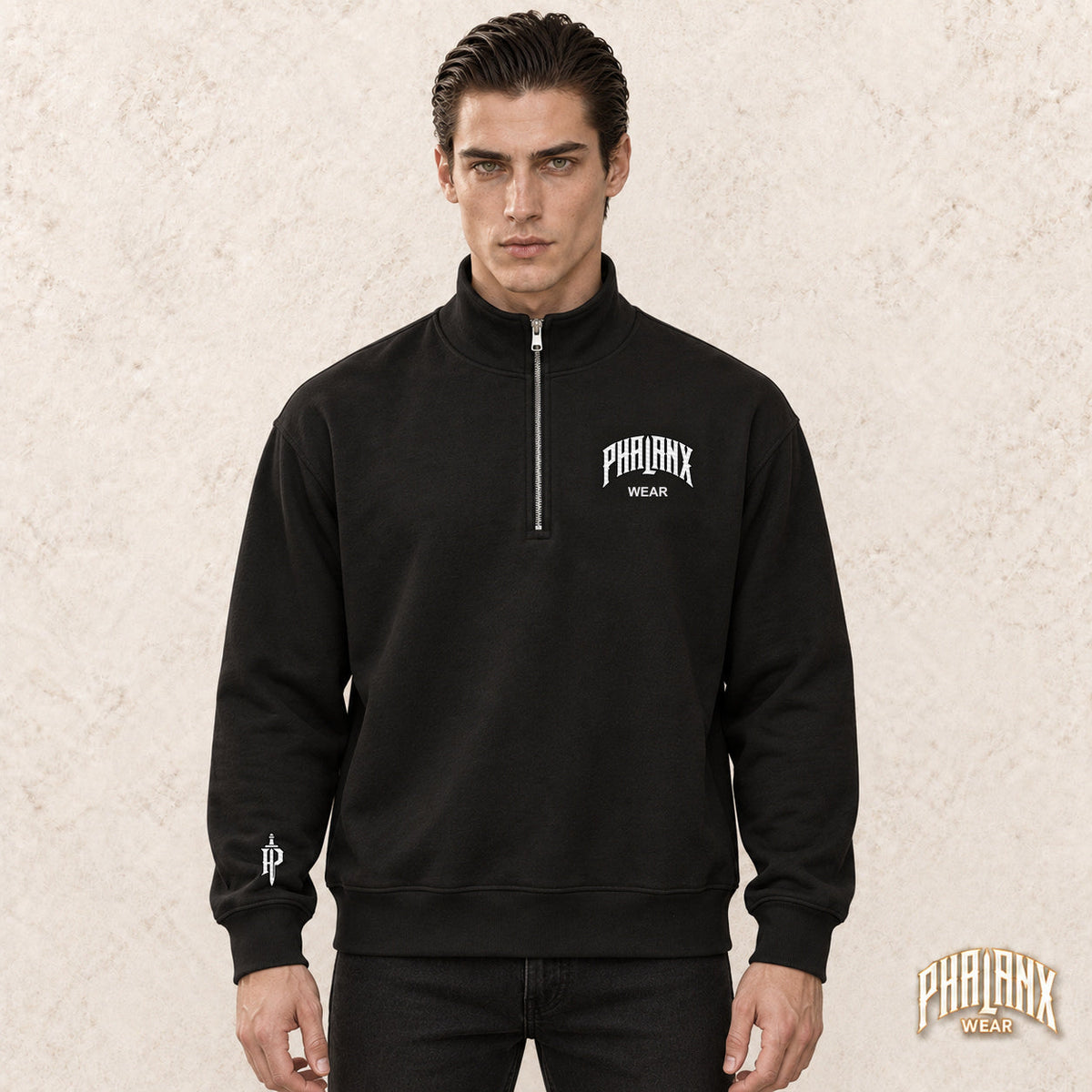 PHALANX Unisex Half-Zip Pullover – Chest Embroidery – Black – Noah · front