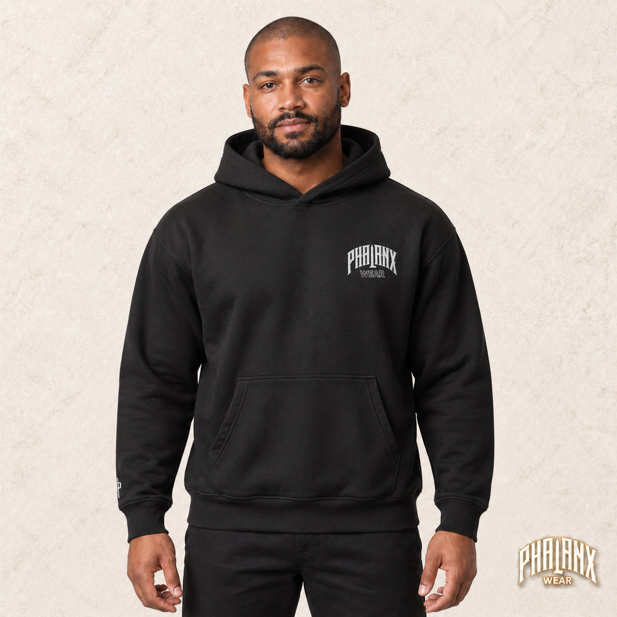 PHALANX Unisex Relaxed Midweight Hoodie – Black – Malik · front