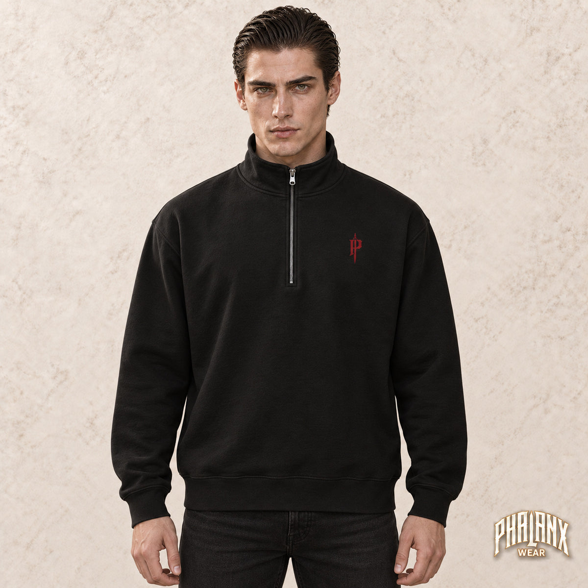 PHALANX Unisex Half-Zip-Pullover – Front- & Rückenprint – Black – Noah · vorne