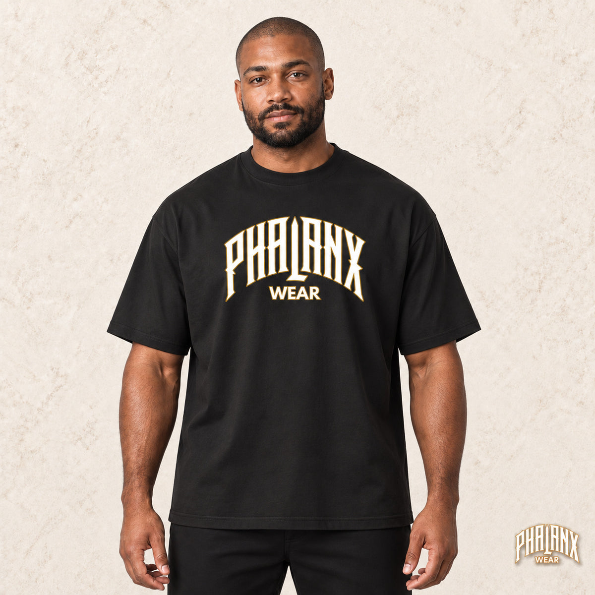 PHALANX Organic Oversized T-Shirt – Wordmark – Schwarz – Malik · vorne