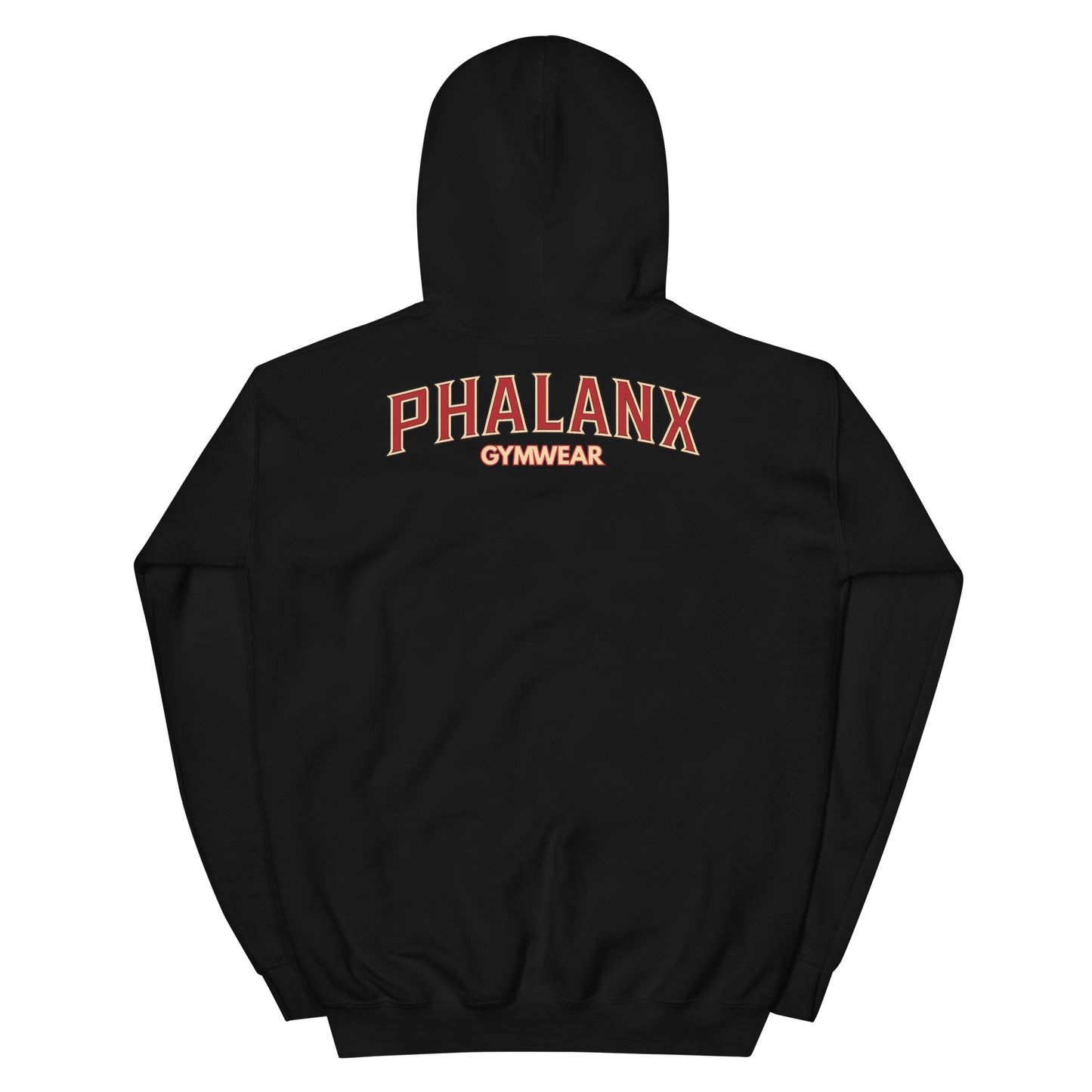 Phalanx Row 1 Premium Hoodie Schwarz Rückseite – Fitness & Streetwear Hoodie für Herren Schweiz