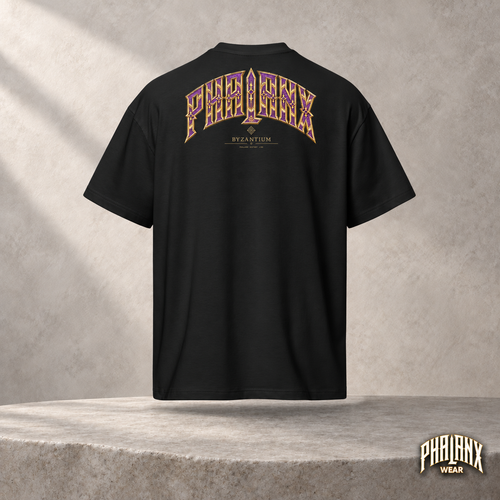 PHALANX Byzantium Oversized Heavy T-Shirt – Schwarz – Rückansicht mit PHALANX-Byzantium-Motiv, aktuelles Shop-Mockup
