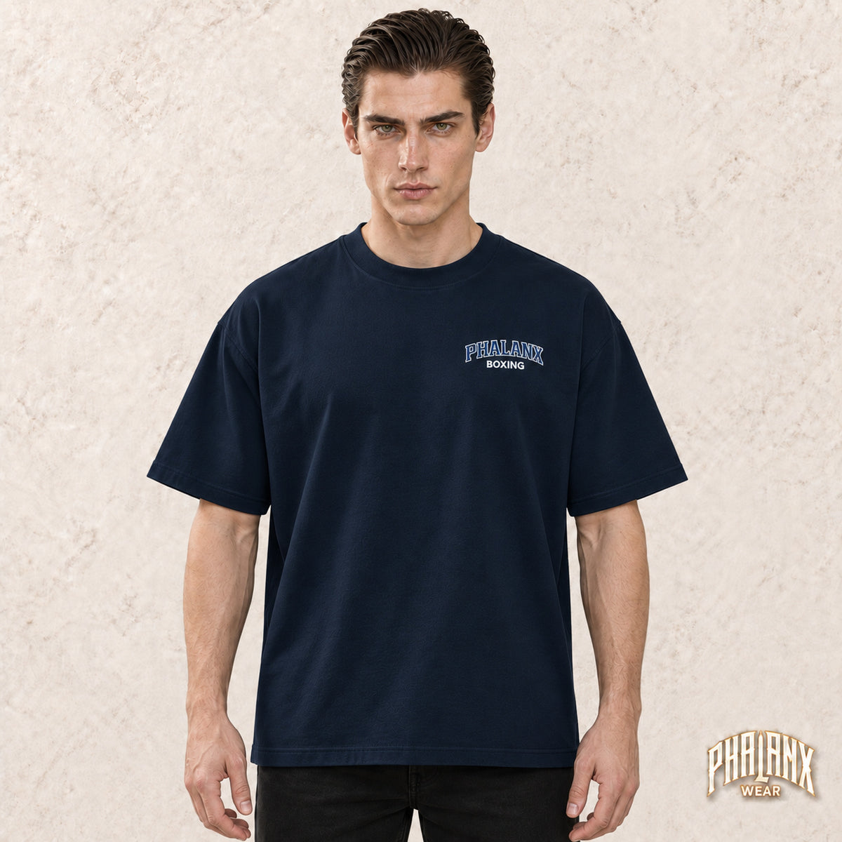 Phalanx "Boxing" Oversized Unisex Bio-T-Shirt mit breitem Kragen – French Navy – Noah · vorne