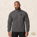 Phalanx fleece in Grau-meliert – malik, Vorderansicht mit Bruststick – KI-Modelaufnahme