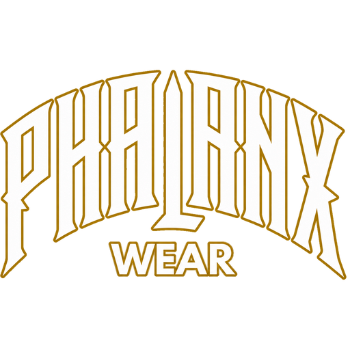PHALANX WEAR – weißes Logo mit altgoldenen Rändern
