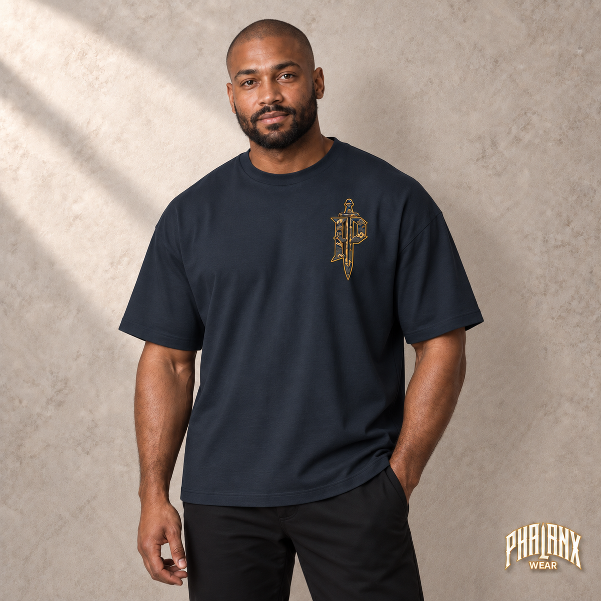 PHALANX Edo – Oversized Boxy-Fit Heavy T-Shirt – Navy Blazer – Malik · vorne