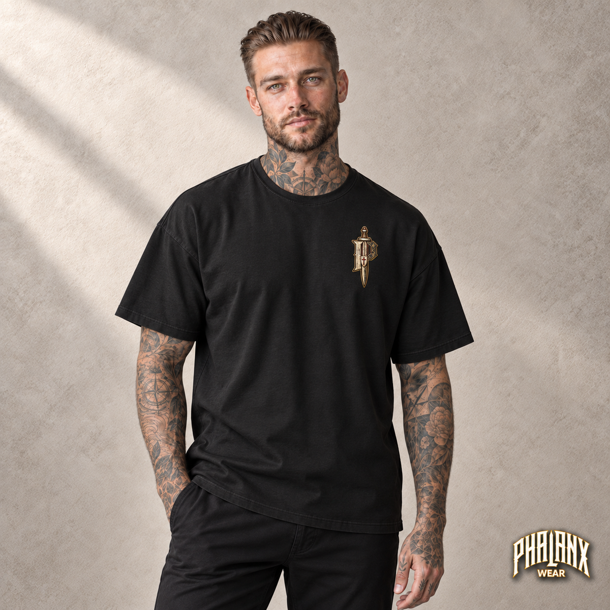 PHALANX Templar – Oversized Boxy-Fit Heavy T-Shirt – Schwarz – Noah · vorne
