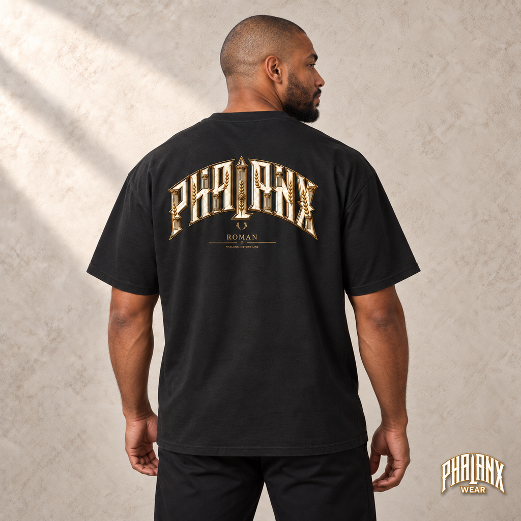 PHALANX Roman – Boxy-T-Shirt, Rückenansicht mit Model Malik