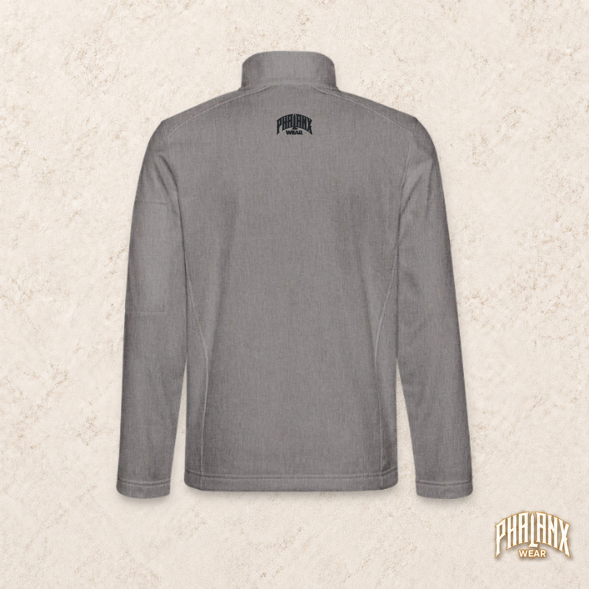 Designvorschau: Phalanx Softshelljacke in Grau-meliert, Rückseite mit Schriftzug im Nacken