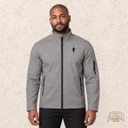 Phalanx softshell in Grau-meliert – malik, Vorderansicht mit Bruststick – KI-Modelaufnahme