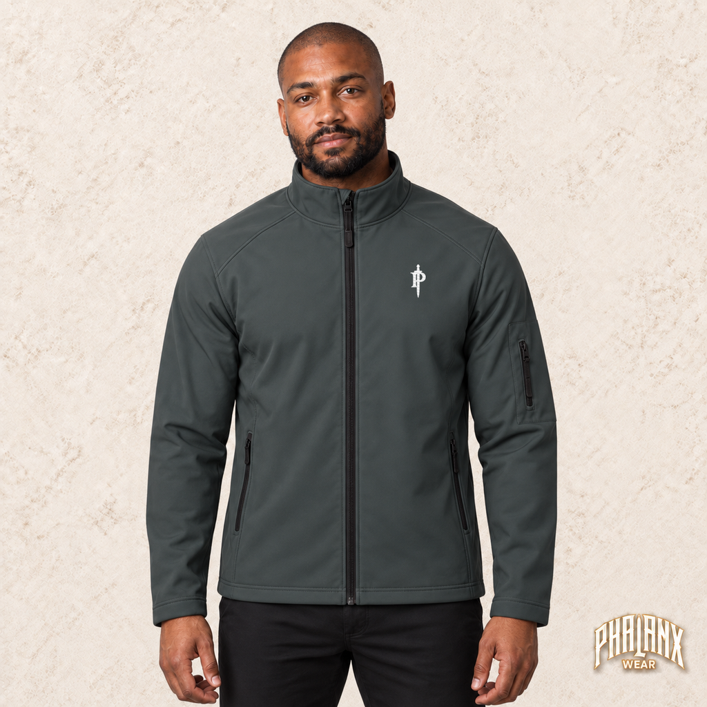 Phalanx softshell in Mausgrau – malik, Vorderansicht mit Bruststick – KI-Modelaufnahme