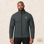 Phalanx softshell in Mausgrau – malik, Vorderansicht mit Bruststick – KI-Modelaufnahme