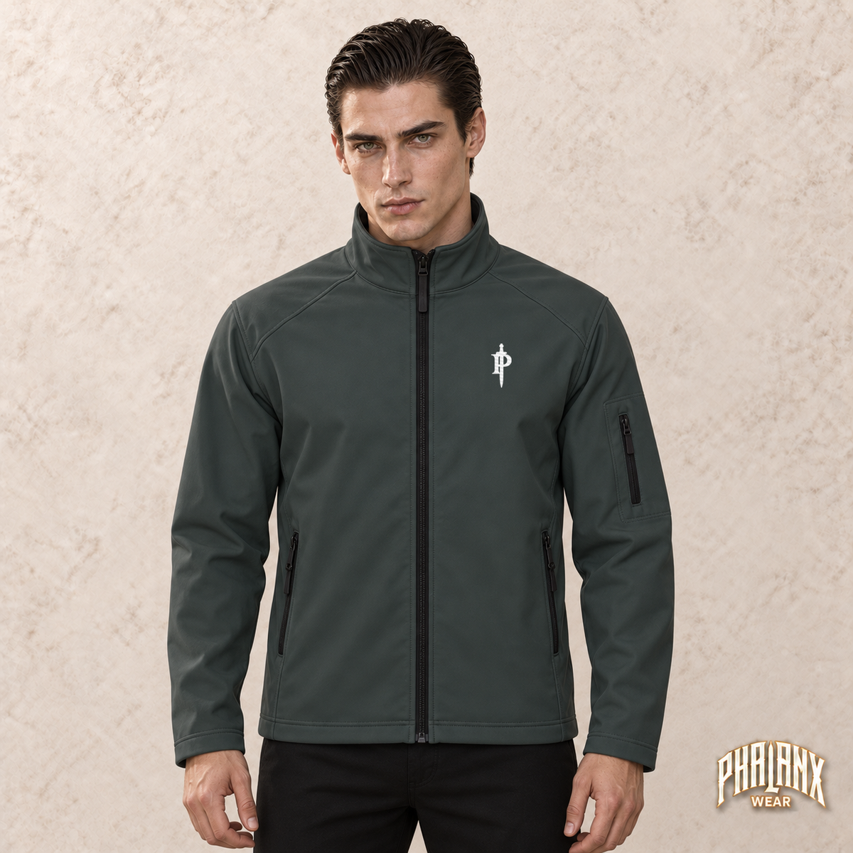 Phalanx softshell in Mausgrau – noah, Vorderansicht mit Bruststick – KI-Modelaufnahme