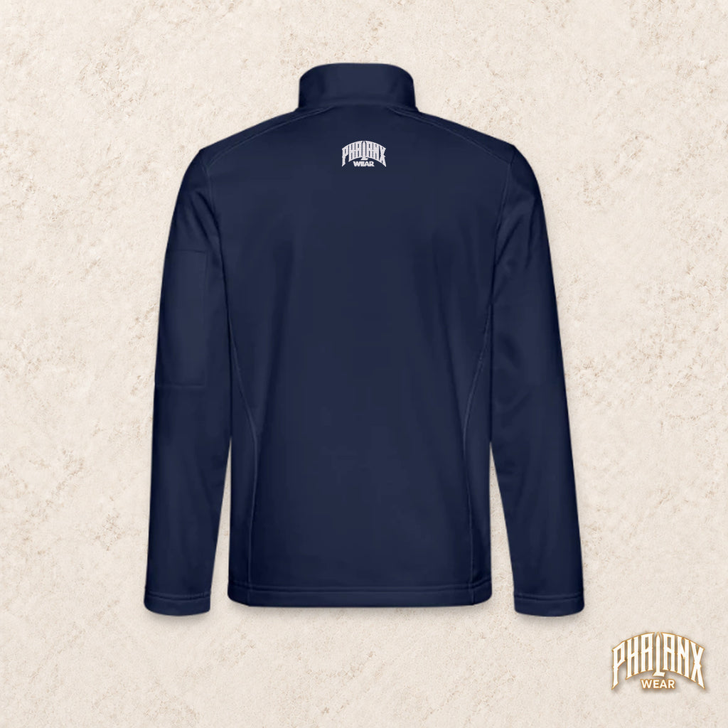 Designvorschau: Phalanx Softshelljacke in Navy, Rückseite mit Schriftzug im Nacken
