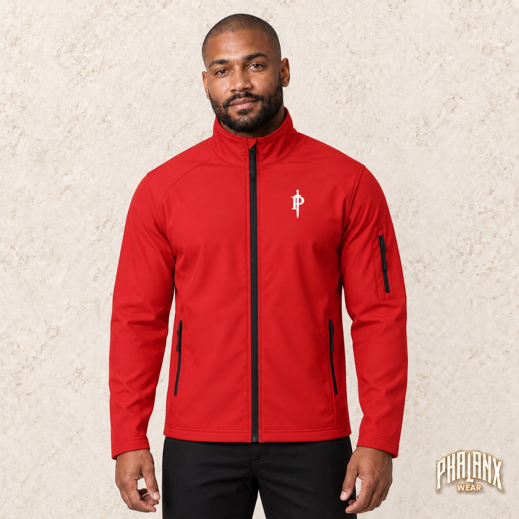 Phalanx softshell in Rot – malik, Vorderansicht mit Bruststick – KI-Modelaufnahme