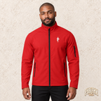 Phalanx softshell in Rot – malik, Vorderansicht mit Bruststick – KI-Modelaufnahme