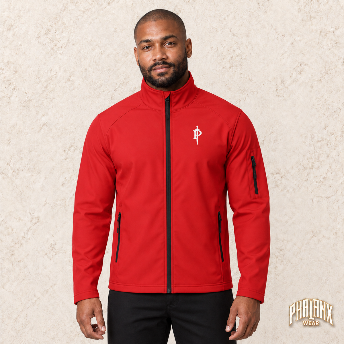 Phalanx softshell in Rot – malik, Vorderansicht mit Bruststick – KI-Modelaufnahme