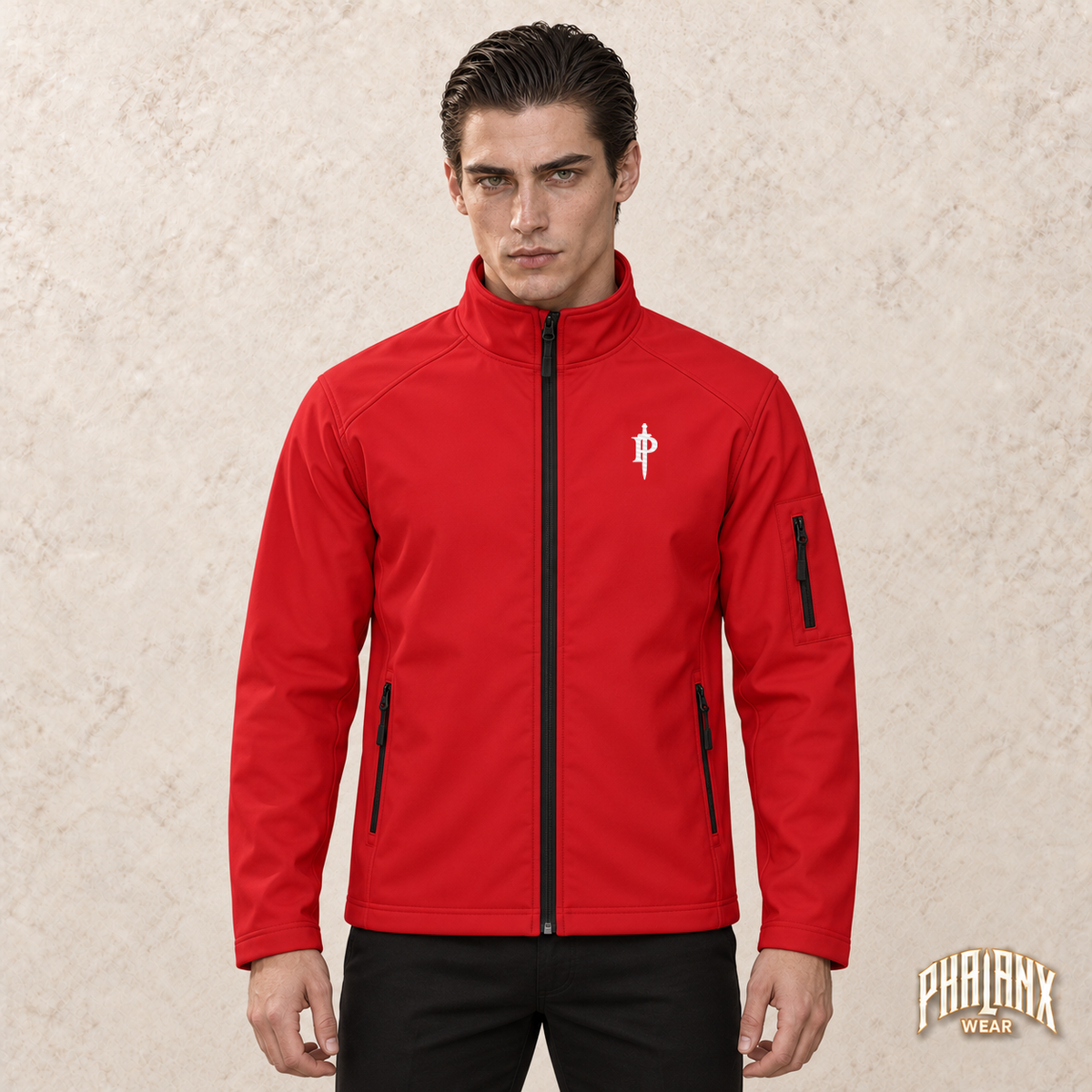 Phalanx softshell in Rot – noah, Vorderansicht mit Bruststick – KI-Modelaufnahme