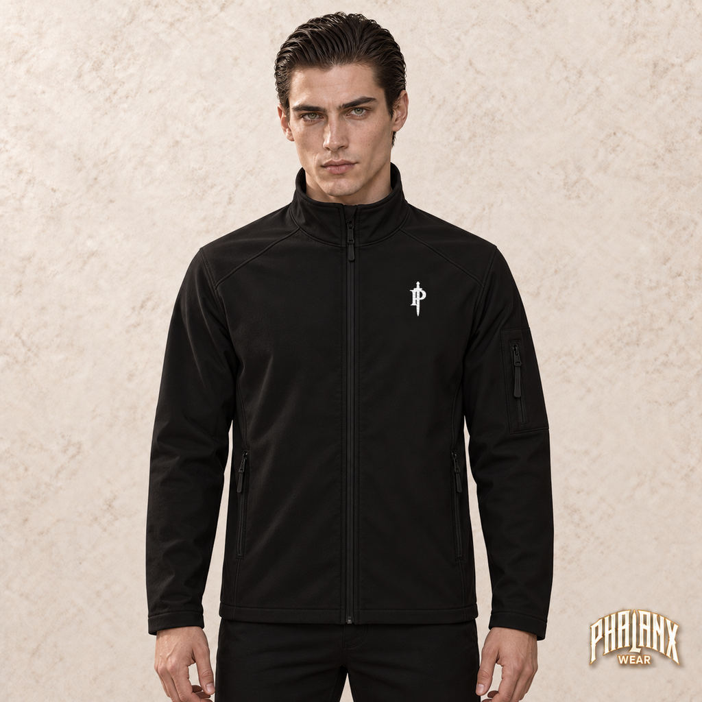 Phalanx softshell in Schwarz – noah, Vorderansicht mit Bruststick – KI-Modelaufnahme