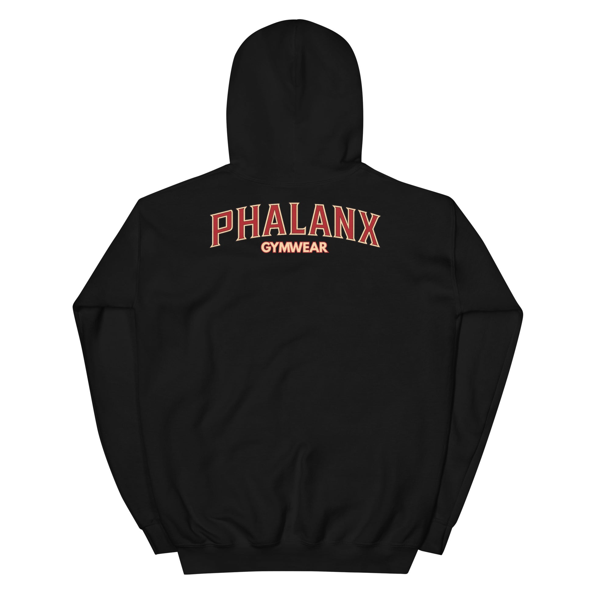 Phalanx Row 1 Premium Hoodie Schwarz Rückseite – Fitness & Streetwear Hoodie für Herren Schweiz
