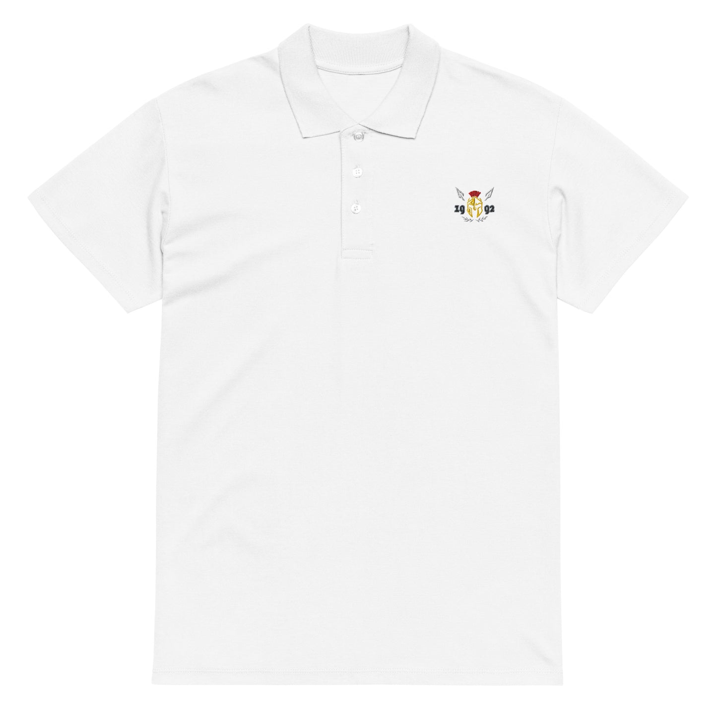 Product mockupPhalanx Row 1 Premium Polo Weiss Front – Sportliches Polo mit Phalanx Stick Schweiz
